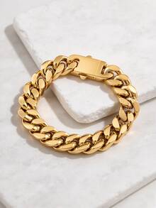 1pc Stylish 13mm Wide Stainless Steel Shiny Chain Bracelet, Great Birthday Gift For Men - Yellow Gold - View 4