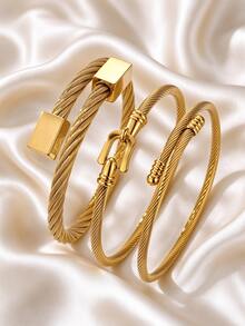 3pcs/1pc 304 Stainless Steel Twisted Cable Open Cuff Bracelet Set, 18K Gold Plated Waterproof Anti-Oxidation Stackable Bracelet, Women's Daily Commute Wrist Gift - Gold - View 2