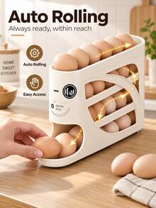 Modern Cream Plastic Egg Storage Rack, Hollow Sloped Multi-Layer Design, Automatic Roll-Out Egg Dispenser, Refrigerator Side-Hanging Egg Storage Box, Household Kitchen Food Storage Container, Space-Saving Egg Rack, Suitable For Daily Kitchen Use - View 2