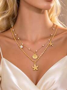1pc/Set Summer Fresh Faux Pearl Necklace With Charms, Fashion Ocean Life Pendant Jewelry Set Suitable For Women Daily/Vacation WearLength Adjustable - Multicolor - View 6