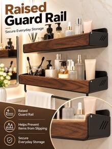 Solid Walnut Wood Bathroom Wall-Mounted Floating Shelf, No-Drill Storage Rack For Sink Countertop, Toiletries And Home Essentials - Black - View 6