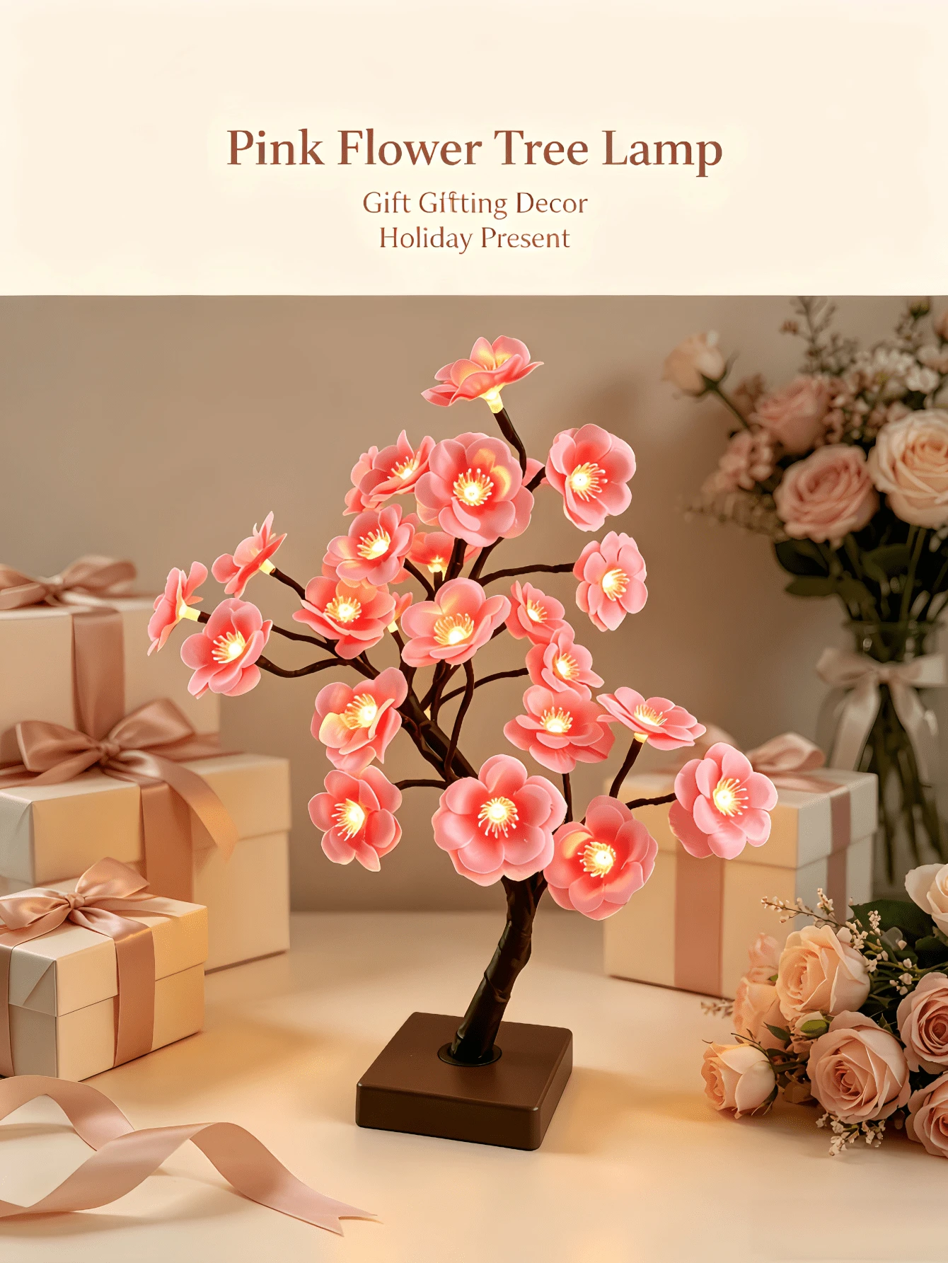 1PC Peach Blossom Shaped LED Tree Light 24 Beads Dual Power USB Battery Box Super Bright Warm Light Artificial Flower Tree Light Home Desktop Decoration Birthday Gift Ornament