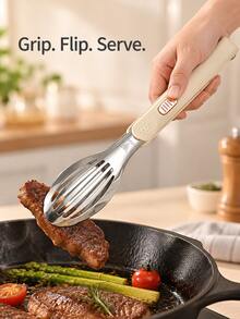 1pc Stainless Steel Multi-Function Food Tongs With Sliding Lock, Non-Slip Heat-Resistant Handle, Slotted Spatula And Turner, Suitable For Steak, Burger, BBQ, Grilling, Frying, Pancake, Bread, Salad And Serving, Cream Color Kitchen Cooking Utensil, Suitable For Daily Meal Preparation - View 4