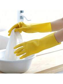 1 Pair Durable Yellow Rubber Household Cleaning Gloves, Waterproof Dishwashing Gloves, Non-Slip Kitchen Gloves, Reusable And Hand Protection, Suitable For Cleaning, Gardening And Multi-Purpose Use - Rubber Gloves - View 6
