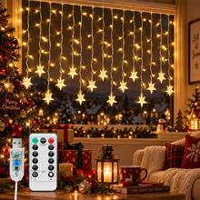 1 Pc 96 LED Drops Star Icicle Lights Curtain String Lights USB Powered Christmas Hanging Decorative Lamp Suitable For Home Bedroom Windows Wall Bar Living Room Party Wedding Christmas Xmas Tree Decor - 96L Five-pointed Star Icicle Light - View 10