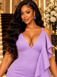 AOMEI Women's Lavender Sexy Deep V-Neck Asymmetric Layered Ruffle Mid-Length Sleeveless Fitted Formal Evening Dress, Suitable For Wedding Guests And Parties - Lilac Purple - View 2