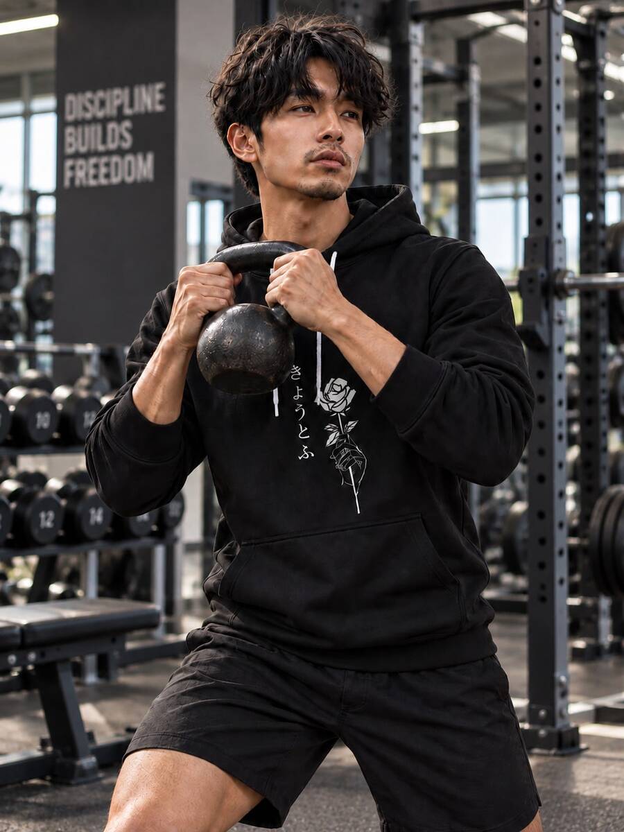 Men's Black Japanese Rose Line & Japanese Text Print Sweatshirt, Drawstring Kangaroo Pocket Casual Sports Pullover - Black - View 1