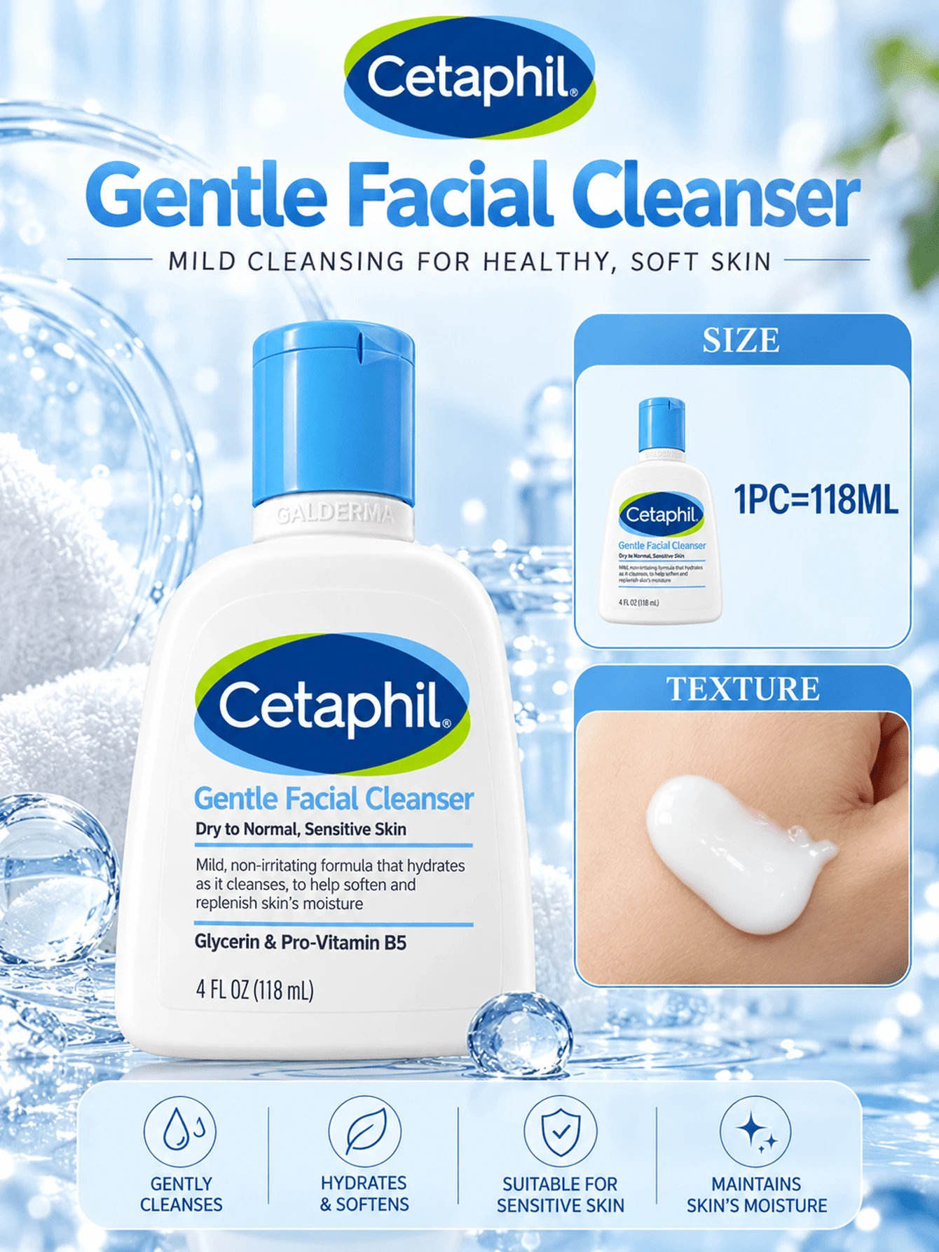 Cetaphil Gentle Cleansing Lotion, Ukuran Penuh 118ml, Pembersih Lembut, Membersihkan dan Melembapkan, Cocok untuk Kulit Sensitif, Cocok untuk Kulit Kering hingga Normal yang Sensitif