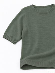 Women's Soft Wool Blend Knit Short Sleeve Top, Loose Fit, 15% Wool Content, Basic Round Neck Solid Color Half Sleeve Lightweight Knit Sweater, Quiet Luxury Minimalist Commuter Style, Suitable For Office And Business Wear - Olive Green - View 6