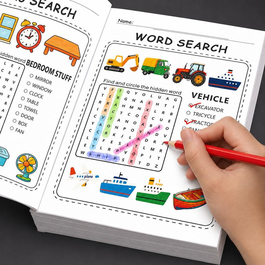 Children's Word Search Activity Book 32 Pages, Preschool Kindergarten Toddler Fun Vocabulary Learning Workbook, Educational Reading And Writing Toy, Hidden Word Search Game, Home School Travel Learning Supplies - Rose Red - View 1
