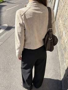 Women's Stand Collar Faux Suede Fabric Multi-Zipper Short Jacket - Khaki - View 2
