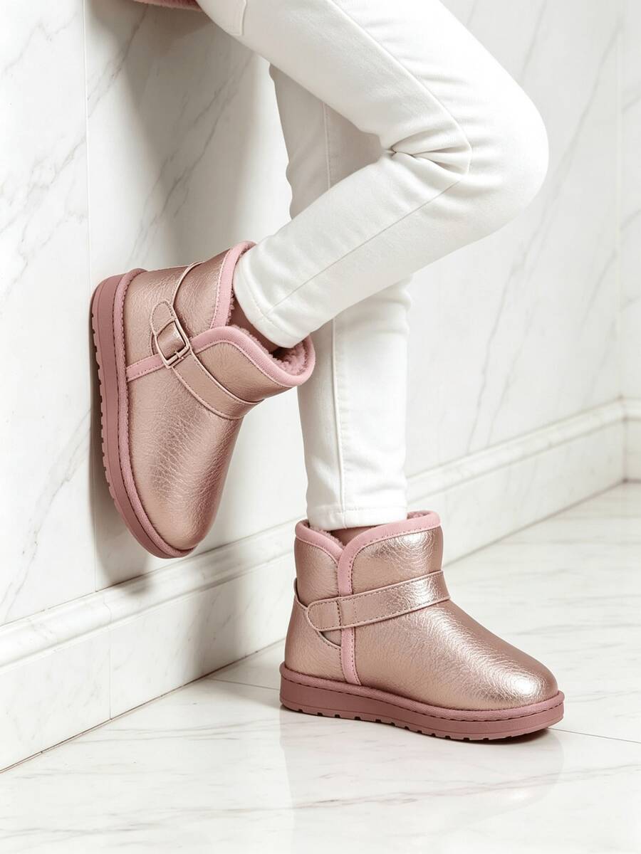 Pink Fleece Lined Ankle Snow Boots Toddler & Big Girls Adjustable Buckle Non-Slip For Fall Winter School Casual Outdoor Daily - Pink - View 1