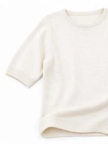 Women's Wool Blend Soft Knit Short Sleeve Top, Loose Fit, 15% Wool Content, Basic Crew Neck Solid Color Five-Point Sleeve Lightweight Knit Sweater, Quiet Luxury Minimalist Commuter Style, Suitable For Office And Business Use - Apricot - View 6