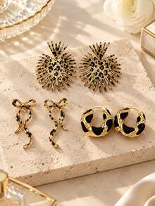 1/3Pairs Gold Leopard Print Earrings Set, Statement Sunburst Studs Bow Drop Dangle & Black Enamel Hoop Earrings, Elegant Jewelry Gift For Women - Multicolor - View 3
