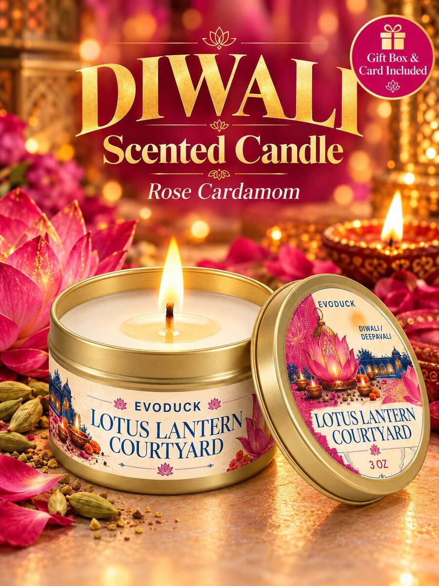 EVODUCK 1pc Rose & Cardamom Scented Candle In Gold Tin Can, Lotus Lamp Design, Diwali/Home Fragrance Aromatherapy Candle, Suitable For Puja Room Decor, Rangoli Table Centerpiece, Housewarming Gift For Women Family And Friends