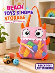 1pc Kids Beach Toy Bag, Large Foldable Mesh Tote, Pink Cute Monster Sand-Filtering Storage Bag For Beach, Pool, Bath And Indoor Toys - Pink - View 3