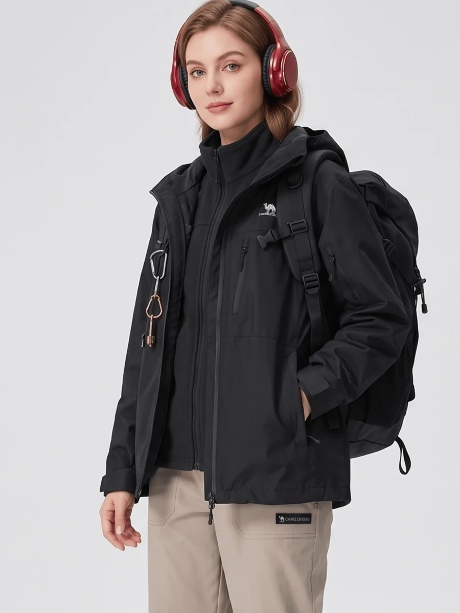 CAMEL CROWN 女款 3 合 1 防水滑雪外套,附可拆卸抓絨內層,防風連帽冬季雨衣,適合徒步、露營、雪地活動 - 幻影黑 - 查看 1