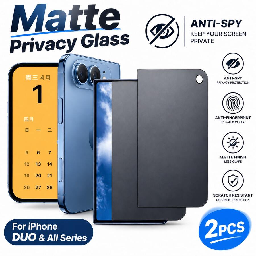 2片裝磨砂防窺螢幕保護貼,相容 iPhone DUO 18 Pro Max 16/16 Plus/16 Pro/16 Pro Max/15/15 Plus/15 Pro/15 Pro Max,生日送禮首選,適合家人與朋友,鋼化玻璃材質,防窺、防水、防震、防刮、防指紋,全螢幕覆蓋 - 黑色 - 查看 1