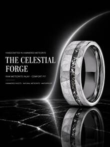 1Pc Men's Silvery Ring Inlay Meteorite Interstellar Ring Hammered Wedding Band - Vintage Style Fashion Engagement & Wedding Band - Hammered - View 12