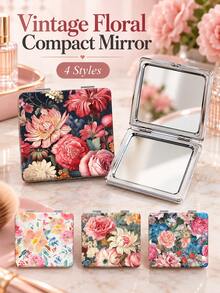 1pc Y2K Floral Portable Makeup Mirror, Double-Sided Folding Pocket Mirror With Magnification, Vintage Floral Print Portable Vanity Mirror, Suitable For Handbag And Travel, Mini Handheld Makeup Mirror For Touch-Ups, Vintage Pocket Mirror Beauty Accessory - Multicolor - View 2
