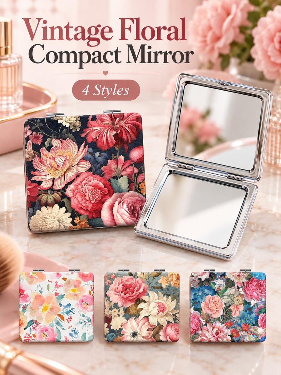 1pc Y2K Floral Portable Makeup Mirror, Double-Sided Folding Pocket Mirror With Magnification, Vintage Floral Print Portable Vanity Mirror, Suitable For Handbag And Travel, Mini Handheld Makeup Mirror For Touch-Ups, Vintage Pocket Mirror Beauty Accessory