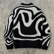 Men's V-Neck Knitted Cardigan Long Sleeve Single-Breasted Top Black & White Wavy Pattern Jacquard Element Autumn/Winter Street Style Layering Outfit Top - Black - View 7
