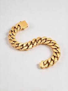 1pc Stylish 13mm Wide Stainless Steel Shiny Chain Bracelet, Great Birthday Gift For Men - Yellow Gold - View 5