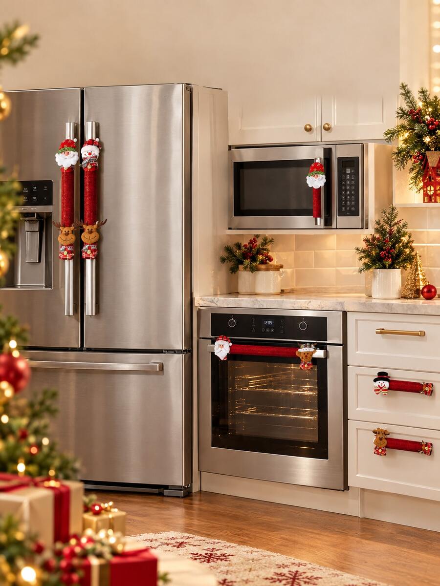 2/4pcs Christmas Handle Covers, Santa Claus Snowman Reindeer Holiday Handle Decor, Suitable For Doors, Refrigerators, Ovens, Microwaves, Cabinets And Drawers Kitchen And Home Holiday Decoration - Multiple Styles - View 1