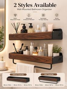 Solid Walnut Wood Bathroom Wall-Mounted Floating Shelf, No-Drill Storage Rack For Sink Countertop, Toiletries And Home Essentials - Black - View 1