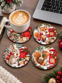1/4/8pcs Christmas Wooden Coasters Set, Rustic Holiday Drink Coasters With Cute Fox Squirrel Rabbit Cardinal Christmas Mailbox Winter Snow Forest Design, Round Coffee Cup Mats For Home Kitchen Table Decor, Farmhouse Christmas Gift - Multicolor - View 6