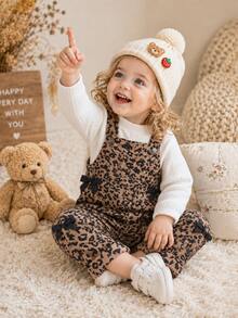 Autumn New Girls' Leopard Print Jumpsuit Set 2pcs, Black Bow Decor Leopard Print Overalls + White Semi-High Neck Ribbed Long Sleeve Base Layer - Brown - View 7
