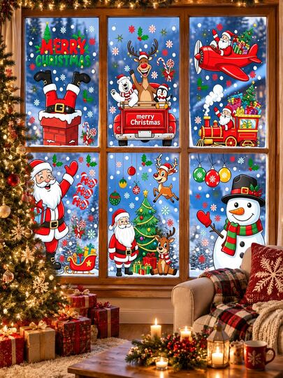 200pcs-6sets/1set-Christmas Santa Window Stickers, Christmas Truck Decorative Window Stickers, Including Reindeer, Santa, Snowman, Christmas Tree, Truck, Christmas Snowflake Window Stickers, Christmas Decoration, Home Decor, Christmas Home Window Stickers, Christmas Window Display Decoration, Winter Snow Scene Window Stickers, Suitable For Party Silhouette Decoration, Christmas Decoration, Restaurant Decoration, Window Decoration, Country Farmhouse Decoration