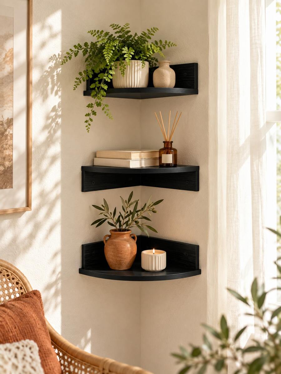 1pc/3pcs Set Wall-Mounted Corner Floating Shelf, Storage Display Rack, Space-Saving Organizer Shelf, Suitable For Living Room, Bathroom, Kitchen, Office, Dorm, Entryway, Modern Minimalist Home Decor, Books, Plants, Photo Frames, Candles Display, Small Space Storage Decor - Multicolor - View 1