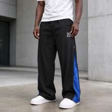 American Street Style Black & Blue Colorblock Wide Leg Sweatpants Side Zipper Number Embroidery Drawstring Casual Long Pants For Men - Black - View 3
