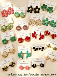 24PCS Stainless Steel Earrings For Women, Geometric Floral Heart Asymmetrical Designs, Fashion Everyday Jewelry, Valentine's Gift, Random Assortment - Multicolor - View 1