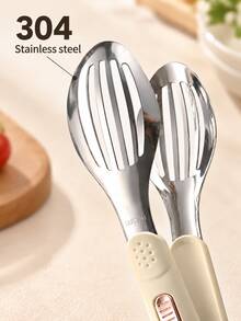 1pc Stainless Steel Multi-Function Food Tongs With Sliding Lock, Non-Slip Heat-Resistant Handle, Slotted Spatula And Turner, Suitable For Steak, Burger, BBQ, Grilling, Frying, Pancake, Bread, Salad And Serving, Cream Color Kitchen Cooking Utensil, Suitable For Daily Meal Preparation - View 9