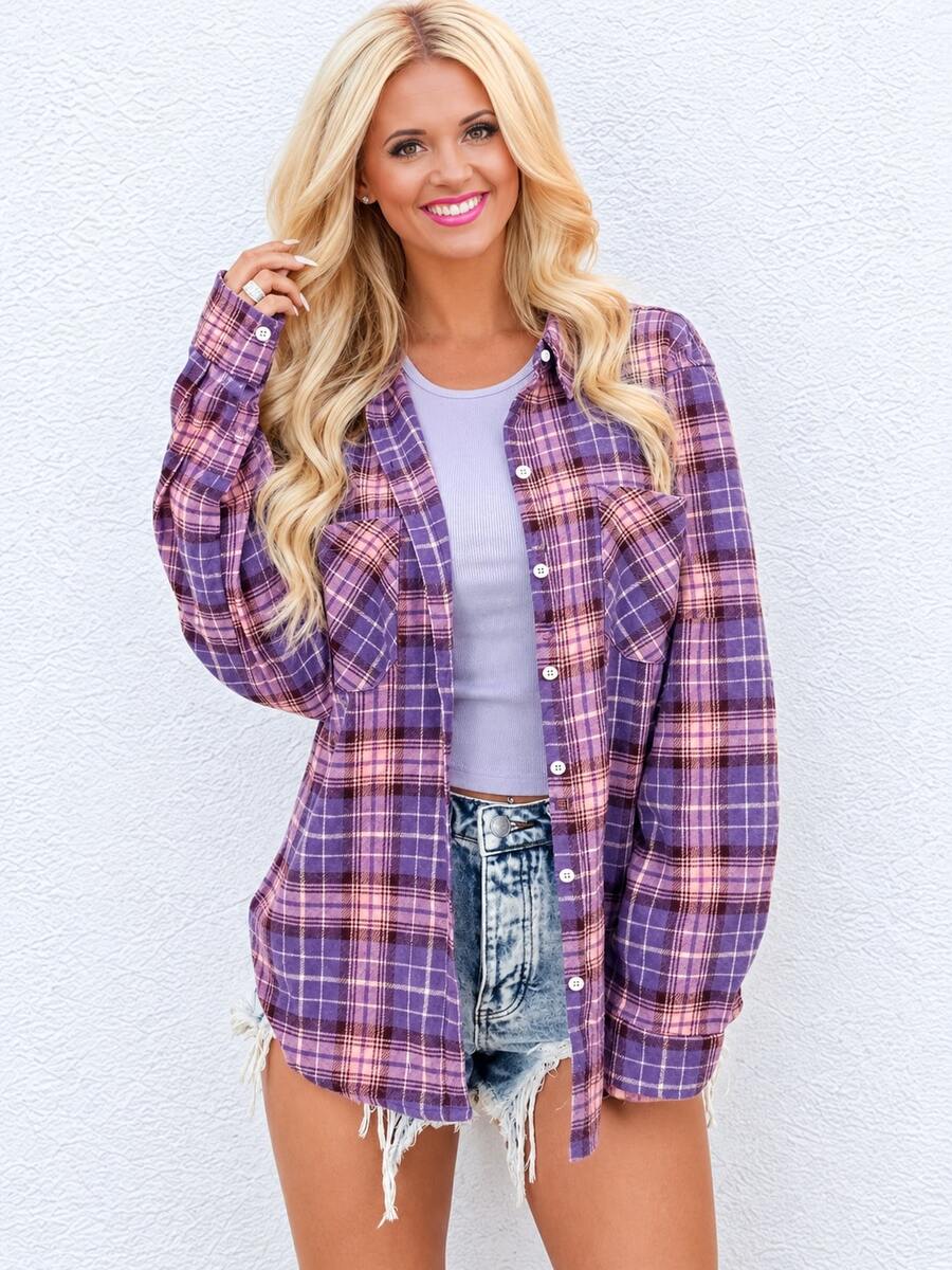 Camisa de manga larga a cuadros con cuello y bolsillos, primavera - Morado - Ver 1