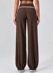 Never me Women's Sports Long Pants Yoga Pilates Loose Tapered Leg Drawstring Waist Design Patchwork Stripe - Dark Brown - View 3