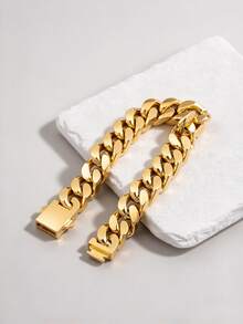 1pc Stylish 13mm Wide Stainless Steel Shiny Chain Bracelet, Great Birthday Gift For Men - Yellow Gold - View 3