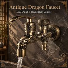Chinese Antique Dragon Pattern Dual Outlet Faucet, Wall-Mounted Single Cold Water Tap, Dual-Purpose Washing Machine & Mop Sink Spigot, Balcony Washing Machine Dual Interface Faucet, 2-In-1 Faucet - Bronze - View 1