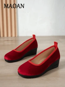Women's Red Ballet Style Slip-On Round Toe Wedge Flat Shoes, Solid Color Comfortable Cushioned Shoes, Suitable For Long-Term Wear, Elegant And Comfortable, Suitable For Walking, Parties, Weddings - Red - View 1