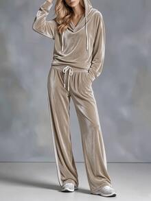 Solid Color V-Neck Gold Velvet Knit Long Sleeve Casual Hoodie Top And Long Pants 2 Pieces Set - Apricot - View 4