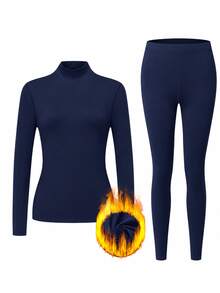 2pcs Women's Navy Blue High Neck Thermal Underwear Set, Fashion Design, Slim Fit Cold-Resistant Warm, Comfortable Elastic, Autumn/Winter Gift - Navy Blue - View 4