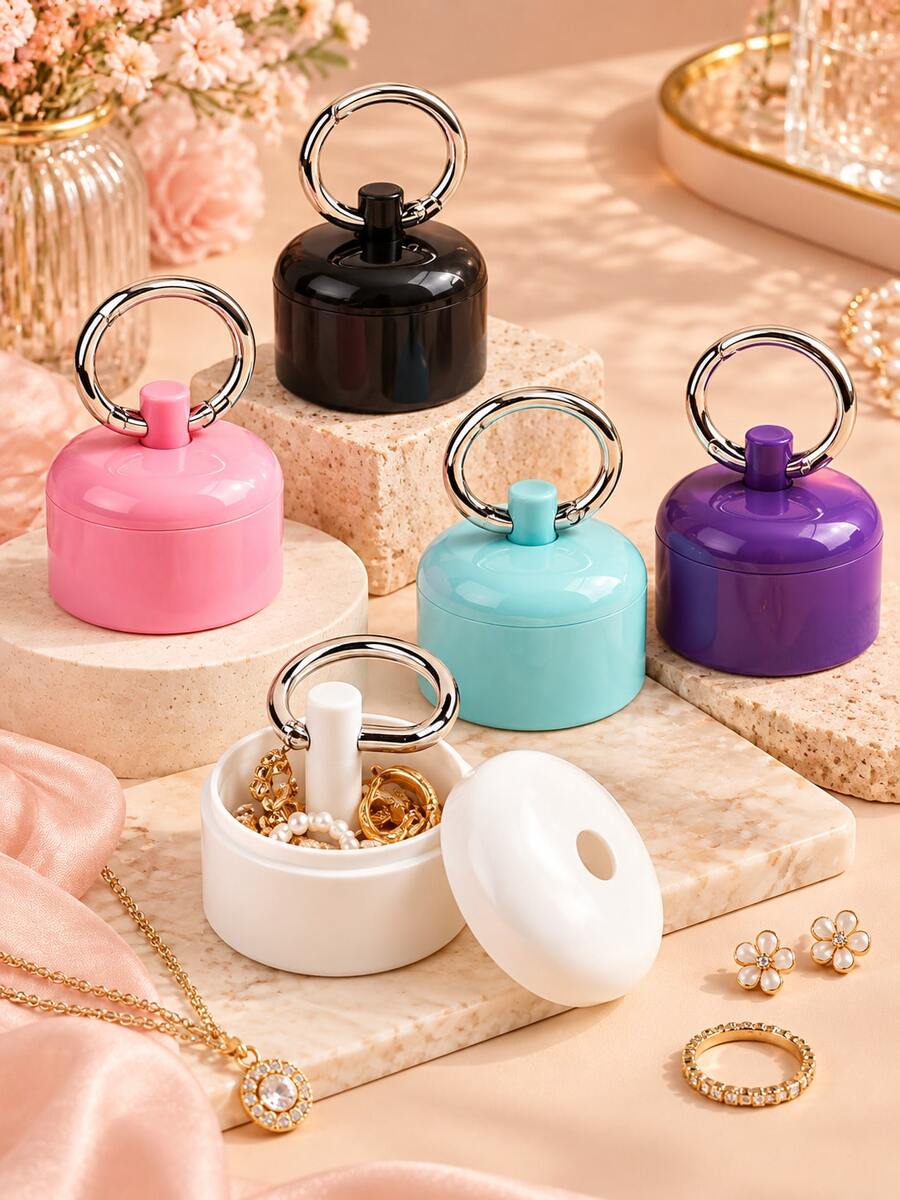 1pc Portable Jewelry Storage Box, Pill Box Keychain, Keychain, Portable Ring Holder Keychain, Women's Travel Ring Holder Keychain, Earrings, Rings, Small Round Metal Ring Box, Convenient For Outdoor Travel Jewelry Storage - Multicolor - View 1