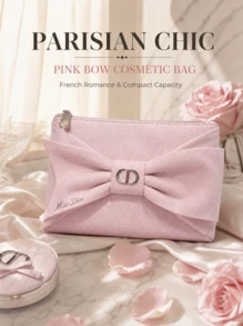 Dior Pink Bow Luxury Makeup Bag, Metal Buckle Fabric Cosmetic Organizer - Pink Bow Makeup Bag - View 1