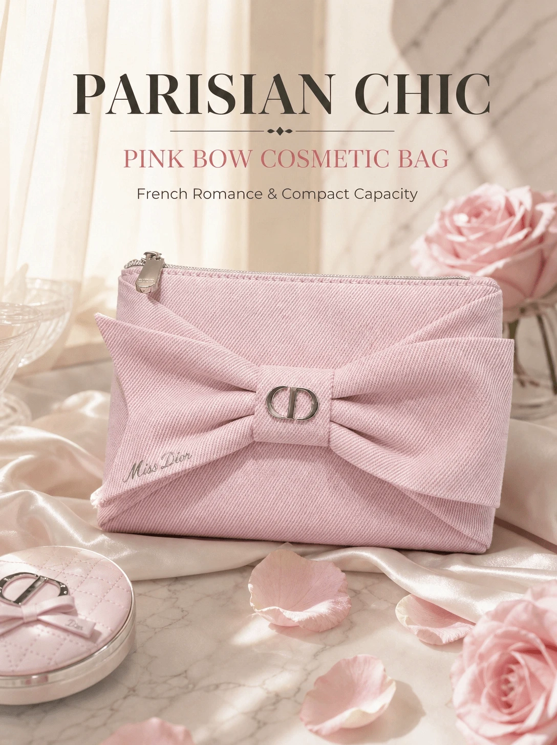 Dior Pink Bow Luxury Makeup Bag, Metal Buckle Fabric Cosmetic Organizer - Pink Bow Makeup Bag - View 1