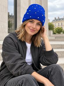 1pc Unisex Punk Style Rivet Knit Beanie, Autumn/Winter Folded Cuff Pullover Knitted Hat, Personalized Spiked Decor Streetwear Beanie, Multiple Colors Available - Multicolor - View 7