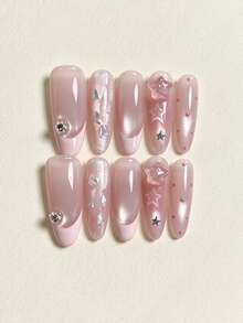 10pcs Handmade Press-On Nails, Autumn/Winter Long Almond Shape Fake Nails, Nude Pink Cat Eye French Tip, 3D Star Decor With Rhinestones, Holographic Glitter Sequins, Reusable Nail Stickers, Suitable For Date, Party, Daily Wear - Multicolor - View 3