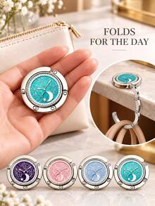 Elegant Round Clock-Pattern Design With Moon And Star Details, Portable Foldable Metal Tabletop Schoolbag Hook For Students, Handbag Hanger And Bag Hanging Accessory For Classroom Desks, Cafes, Offices, Travel And Birthday Gifts, Key Holder. - Multicolor - View 2