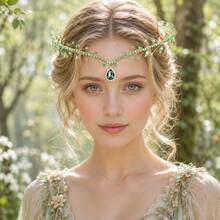 1pc Emerald Green Crystal & Rhinestone Pendant Headband Gold Wire Princess Tiara Crown Bridal Wedding Party Hair Accessories - Green - View 1